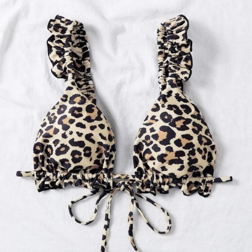 NEW Leopard Print Frill Trim Triangle Bikini Top